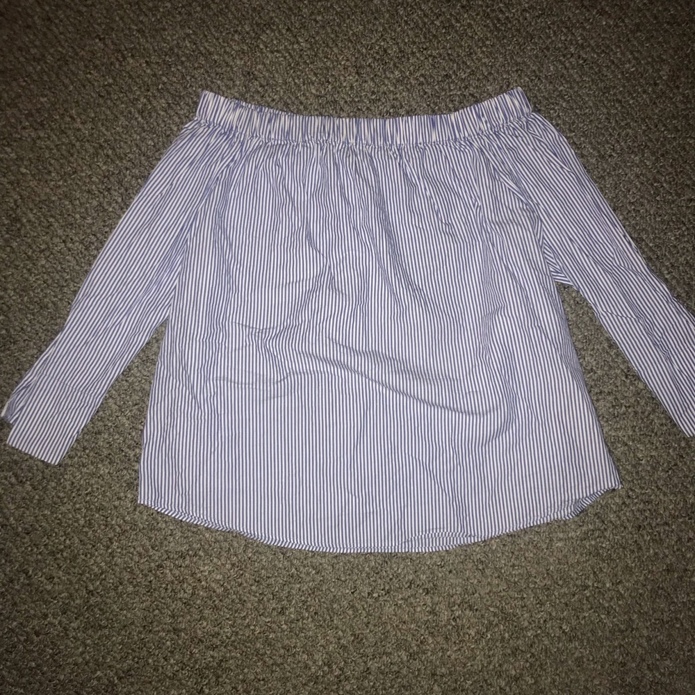 Off the shoulder, stripped, quarter-sleeve blouse